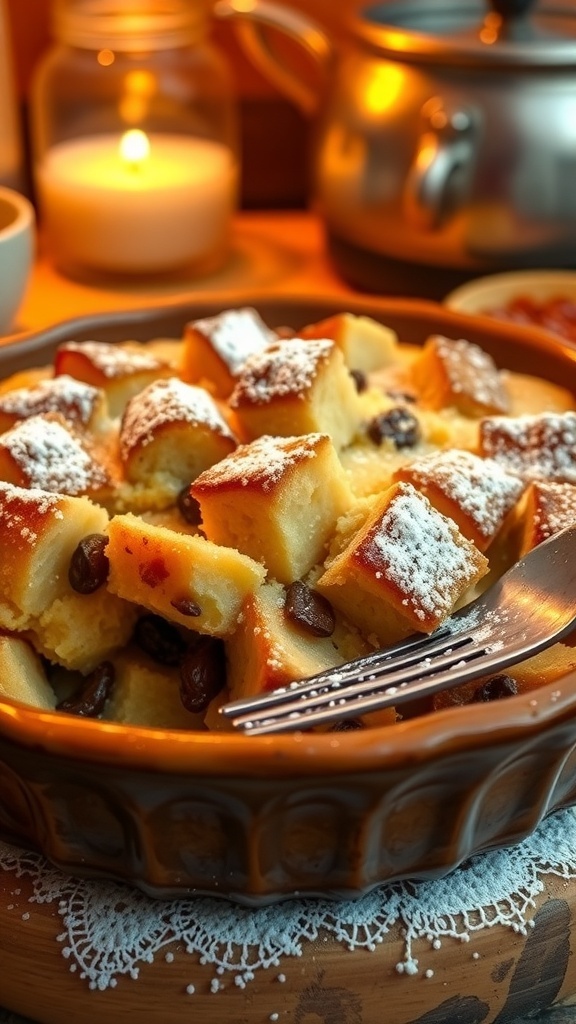 A golden-brown bread pudding with raisins, dusted with powdered sugar, served in a rustic dish.